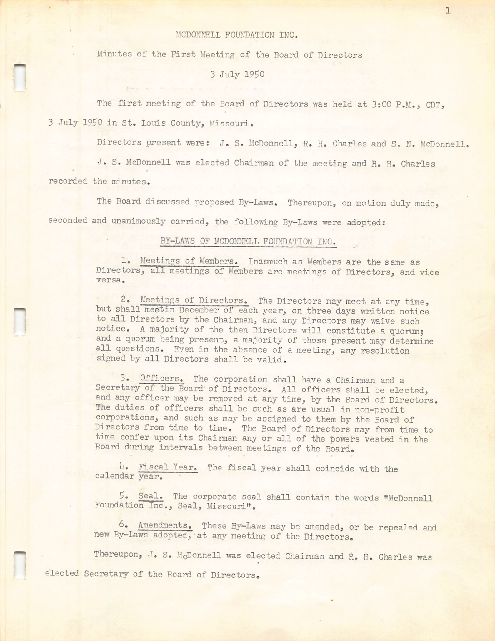Meeting minutes from the first board meeting for JSMF, held on July 3, 1950.