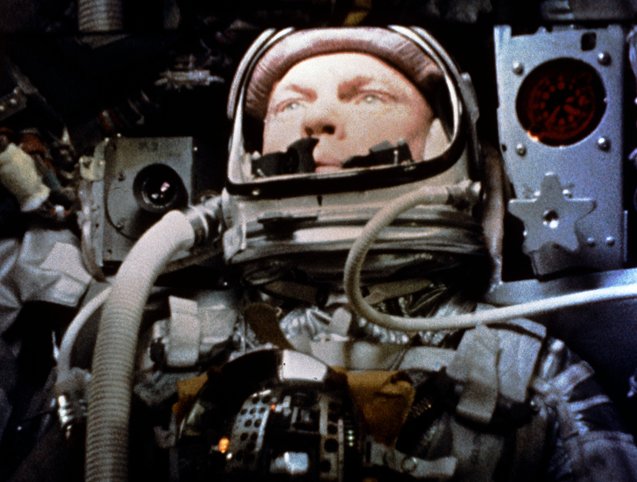 John Glenn aboard Friendship 7 during a spaceflight.
