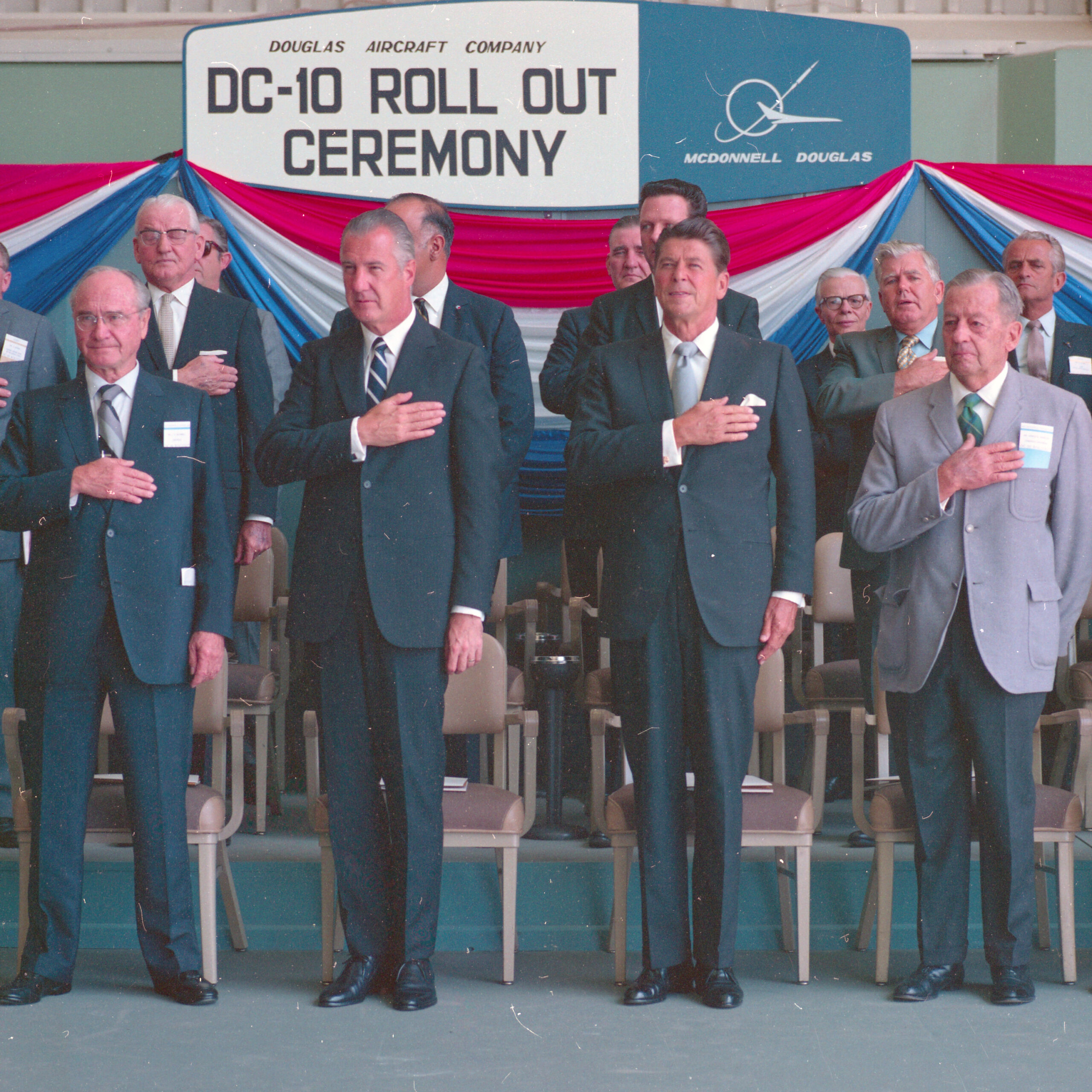 James S. McDonnell, Vice President Spiro Agnew, California Governor Ronald Reagan, and others at a rollout ceremony for the DC-10 passenger jet.