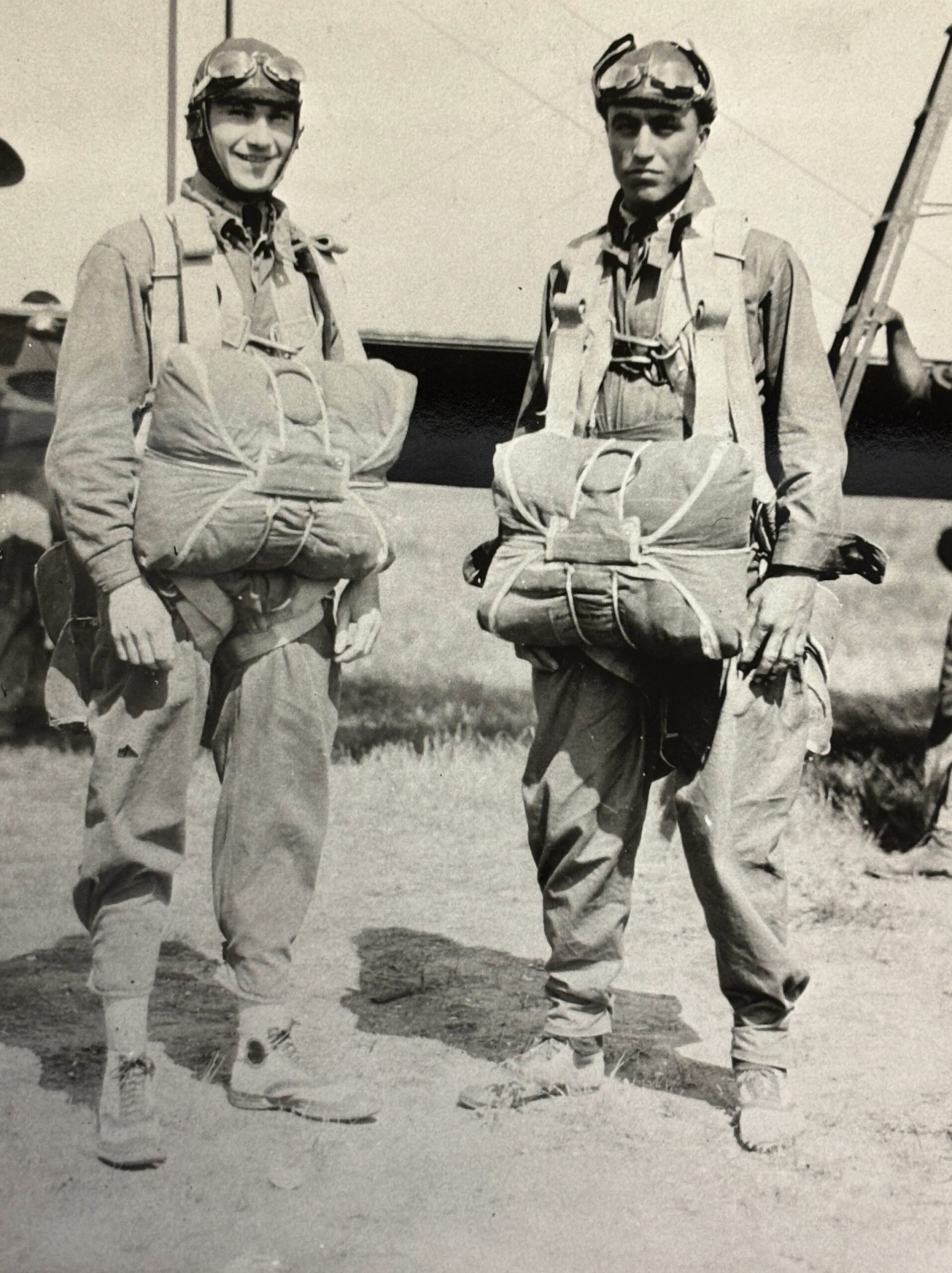 James S. McDonnell and a fellow military trainee dressed for parachuting.