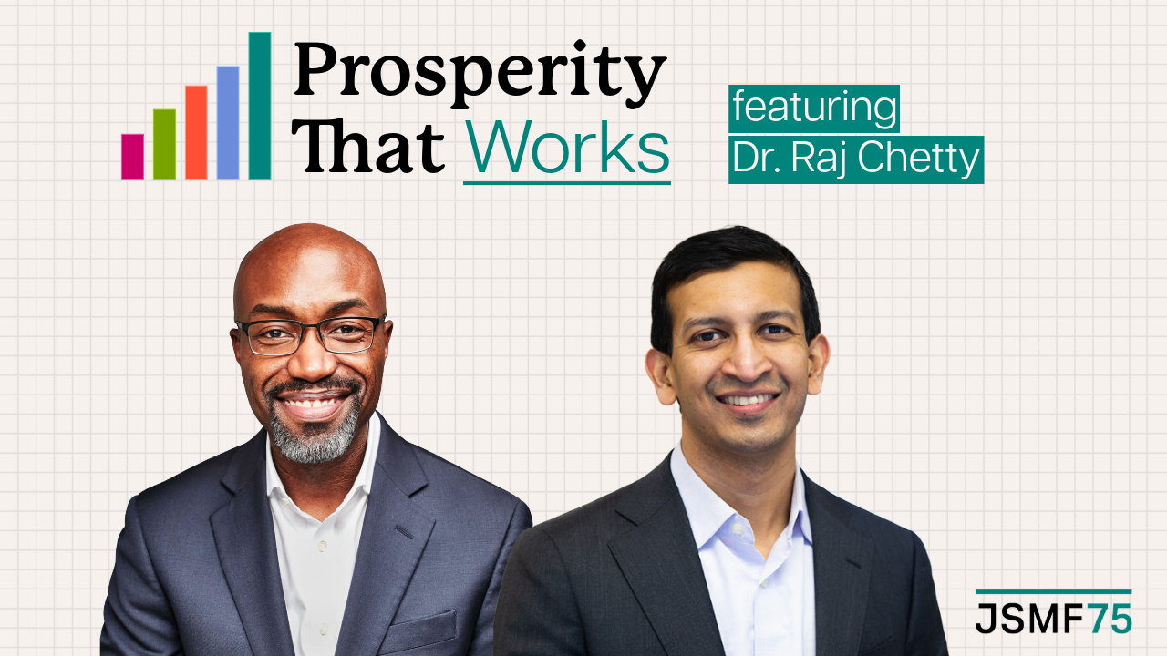 Logo for Prosperity That Works featuring Dr. Raj Chetty, with photos of Chetty and Dr. Jason Purnell.