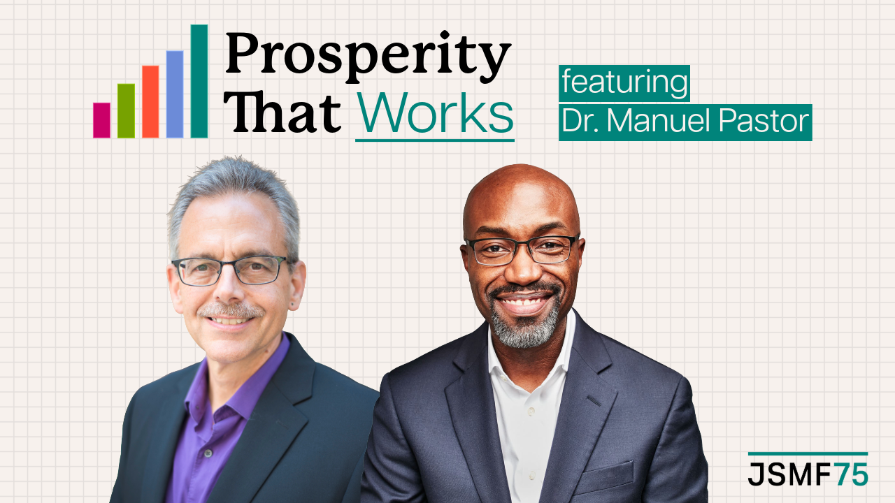 Manuel Pastor and Jason Purnell on a graphic for the Prosperity That Works podcast.